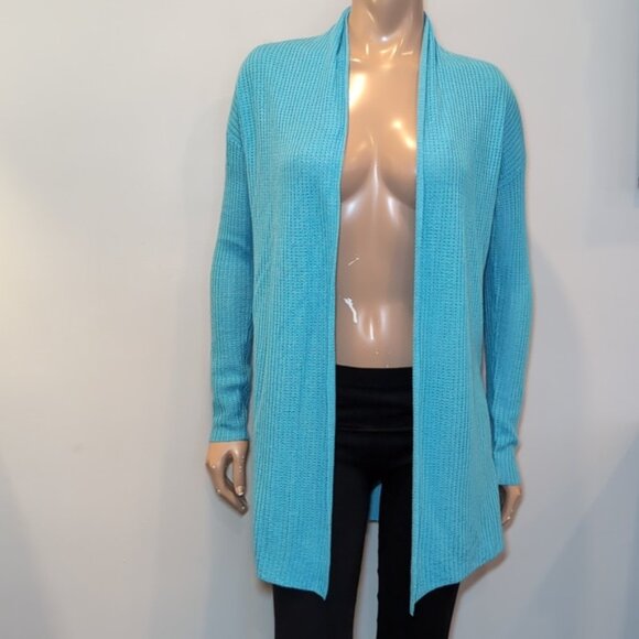 Kinross Cashmere Aqua Knit Cardigan Merino Wool Silk Open Front Shawl Collar - Picture 12 of 12